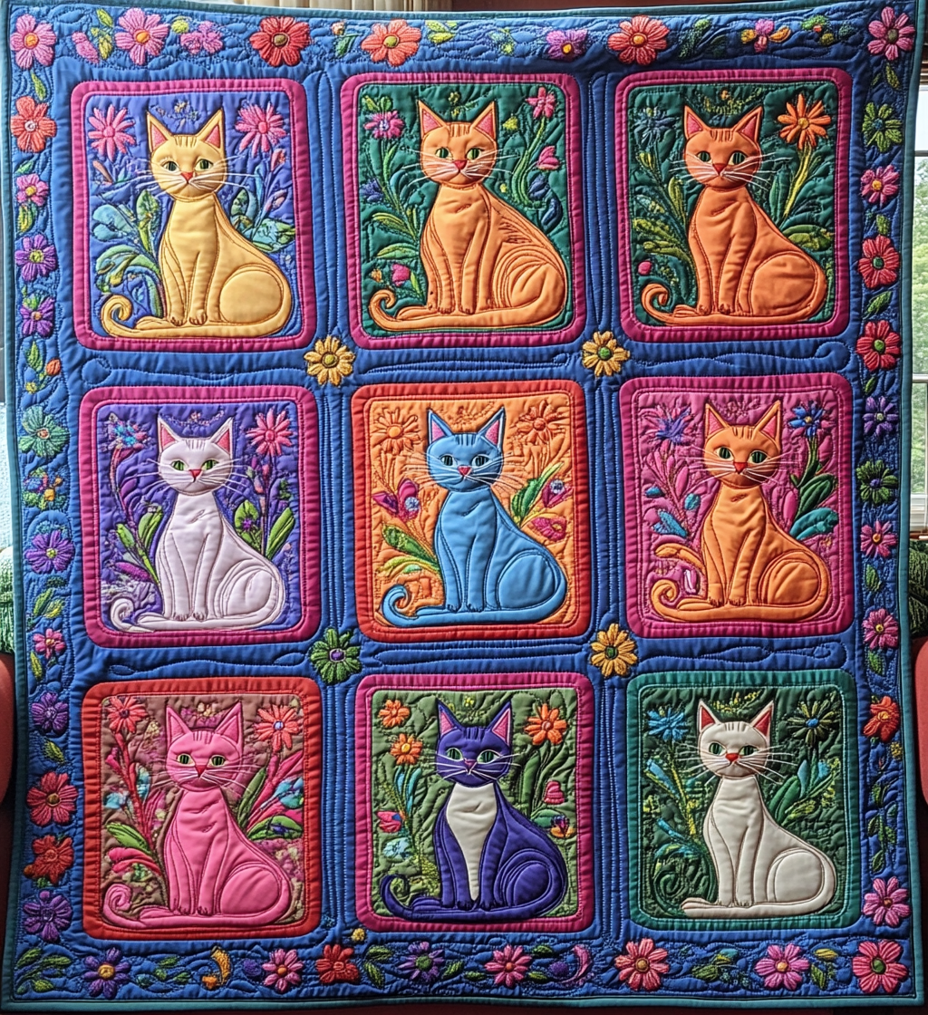 Psychedelic Cat Quilted Blanket