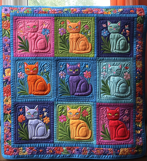 Psychedelic Kitty Quilted Blanket