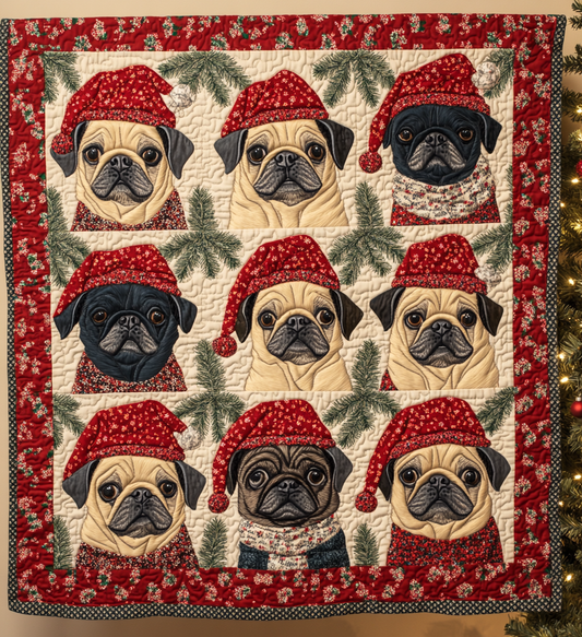 Pug Holiday Joy Quilted Blanket