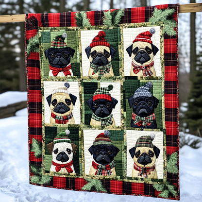 Pug Reindeer Antics Quilted Blanket
