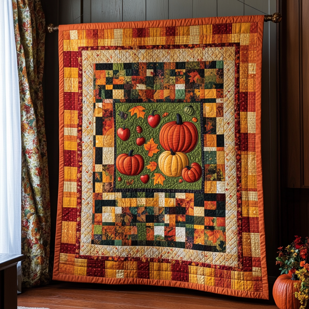 Pumpkin Patterned Thanksgiving Quilted Blanket