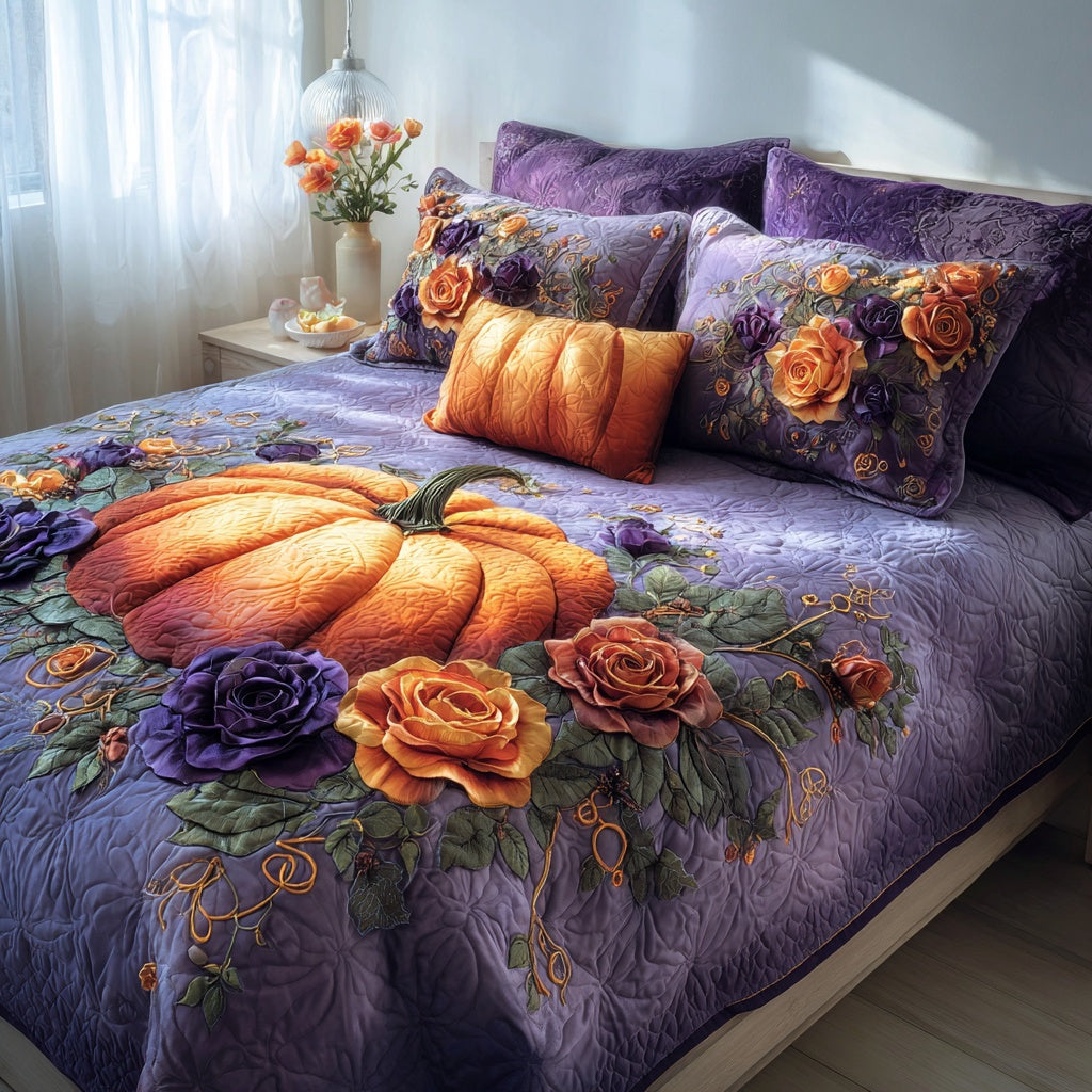 Pumpkin Roses 3-Piece Quilted Bedding Set