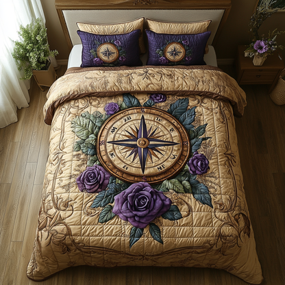 Purple Compass 3-Piece Quilted Bedding Set