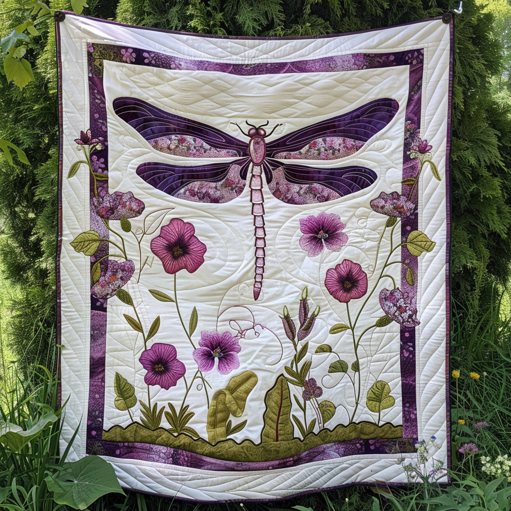 Purple Dragonfly Elegance Quilted Blanket