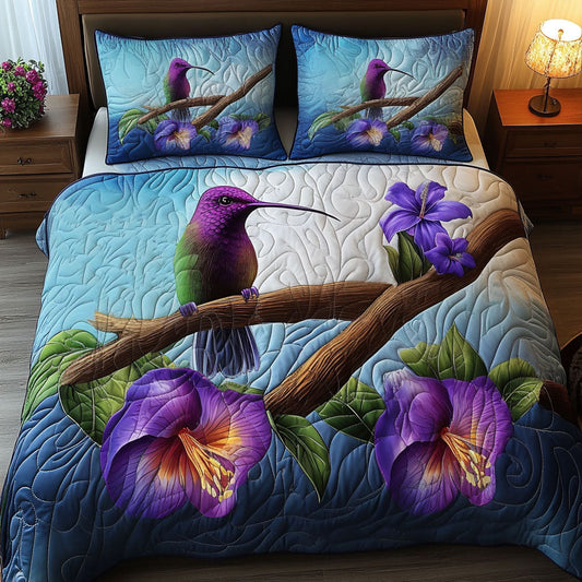 Purple Hummingbird 3-Piece Quilted Bedding Set