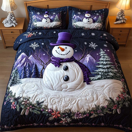 Purple Snowman 3-Piece Quilted Bedding Set