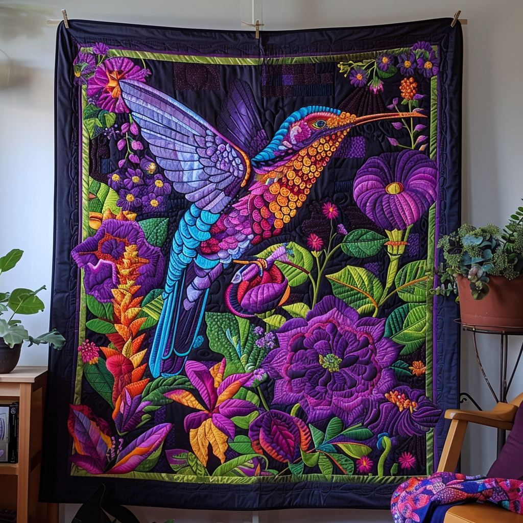 Purple Theme Hummingbird Quilted Blanket