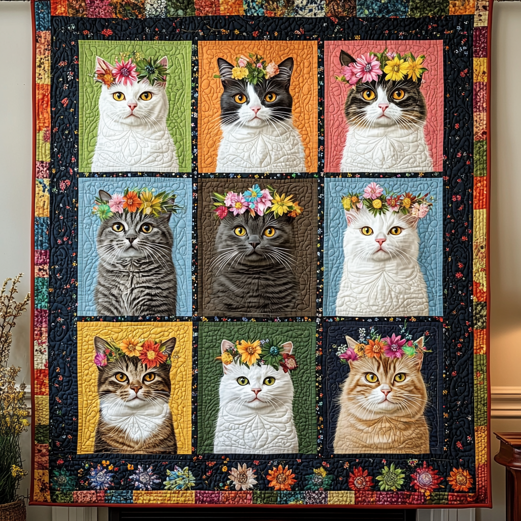 Purrfectly Floral Cats Quilted Blanket