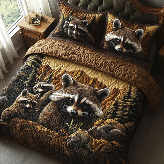 Raccoon Family 3-Piece Quilted Bedding Set