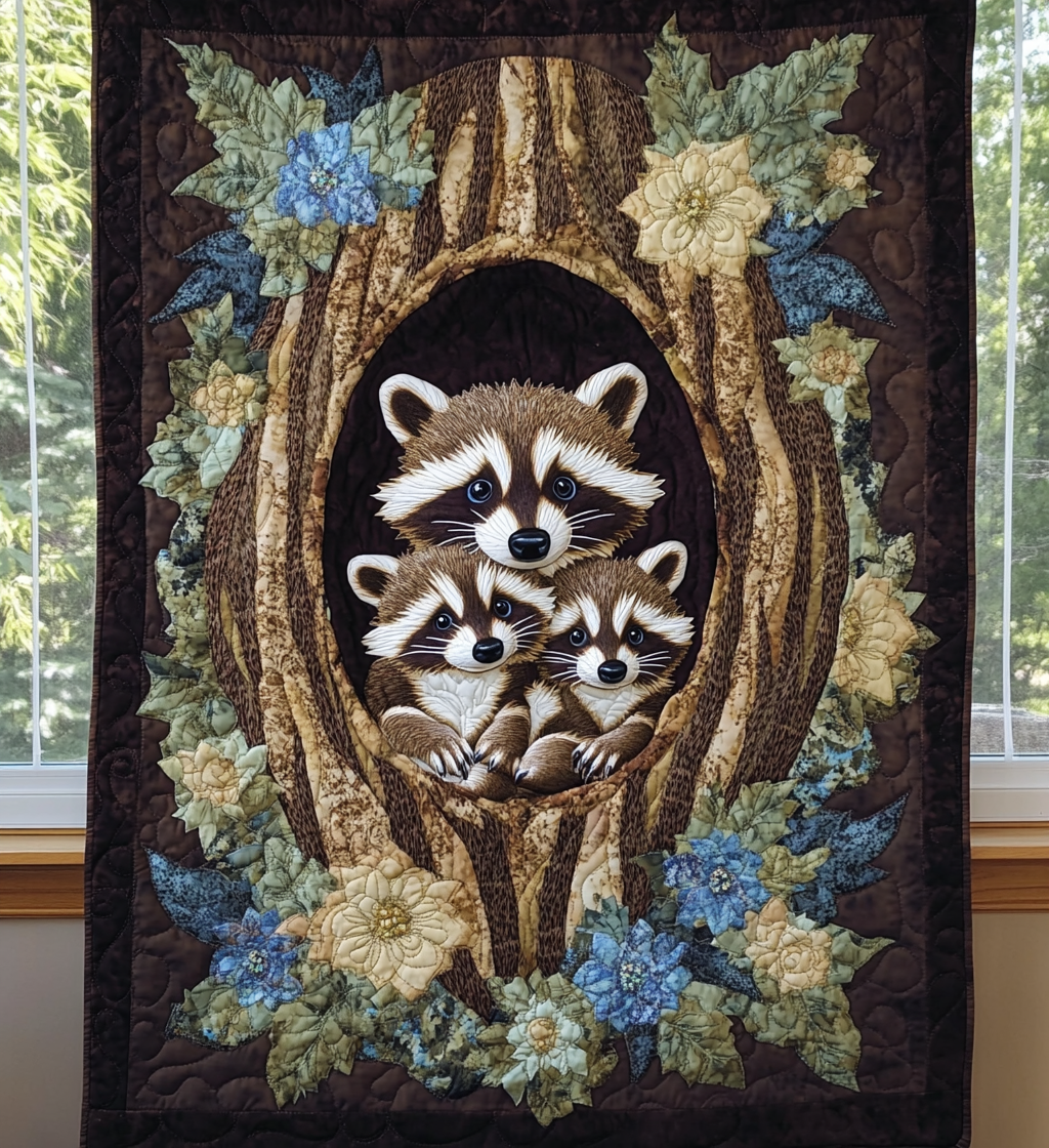 Raccoon Family Tree Quilted Blanket