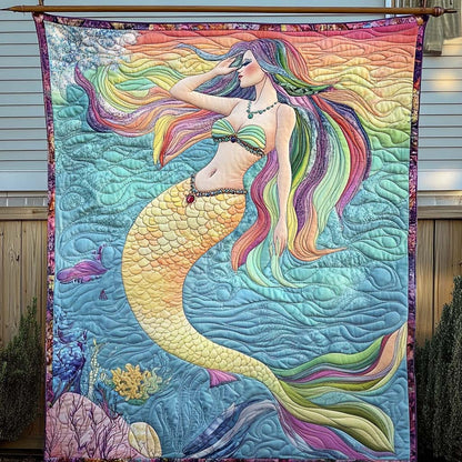 Rainbow Tresses Mermaid Quilted Blanket