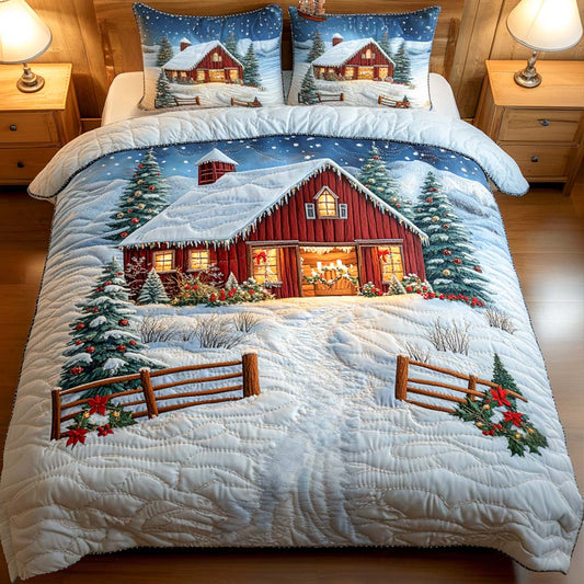 Red Barn Christmas Eve 3-Piece Quilted Bedding Set