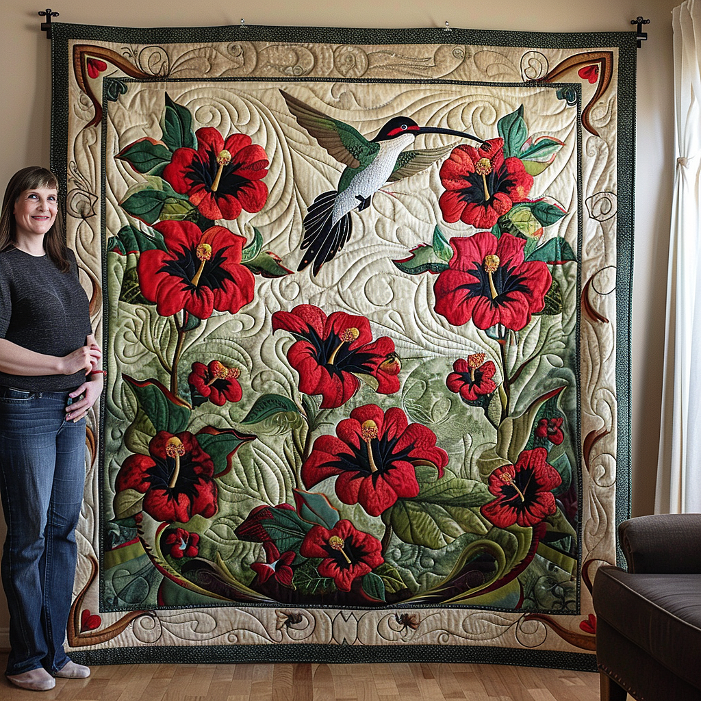 Red Bloom Radiance Quilted Blanket