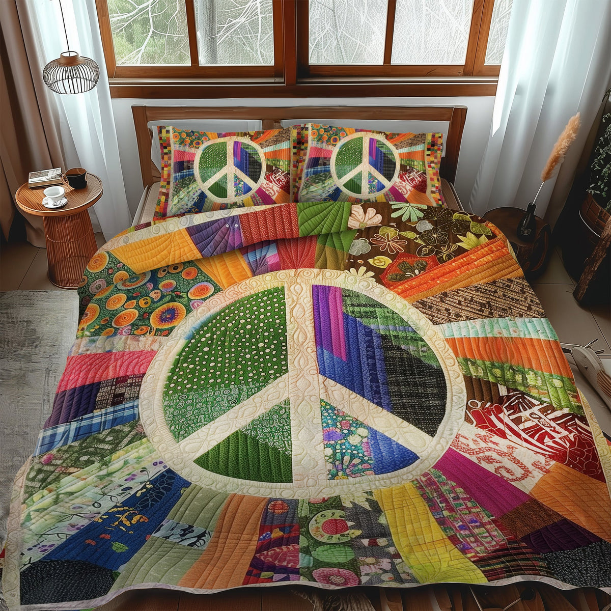 Retro Peace Sign 3-Piece Quilted Bedding Set
