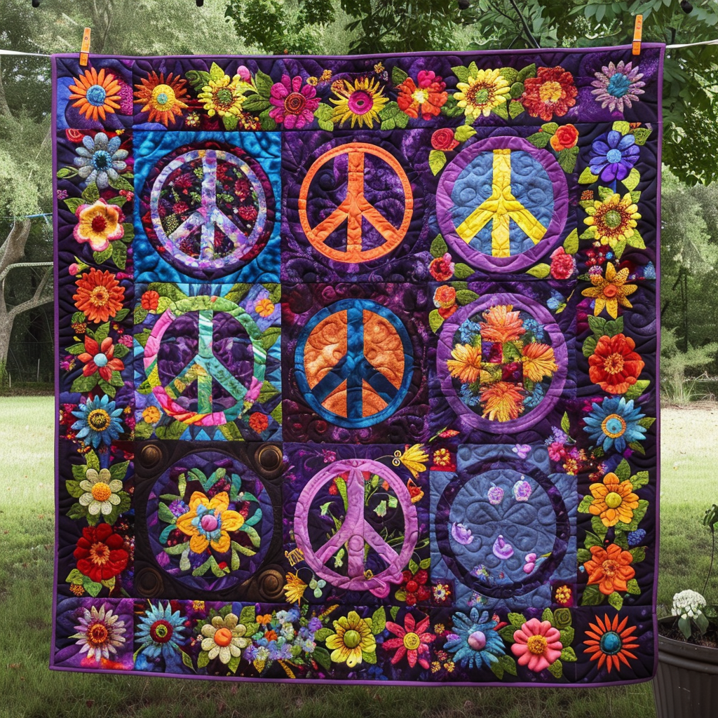 Retro Peace Symbols Quilted Blanket