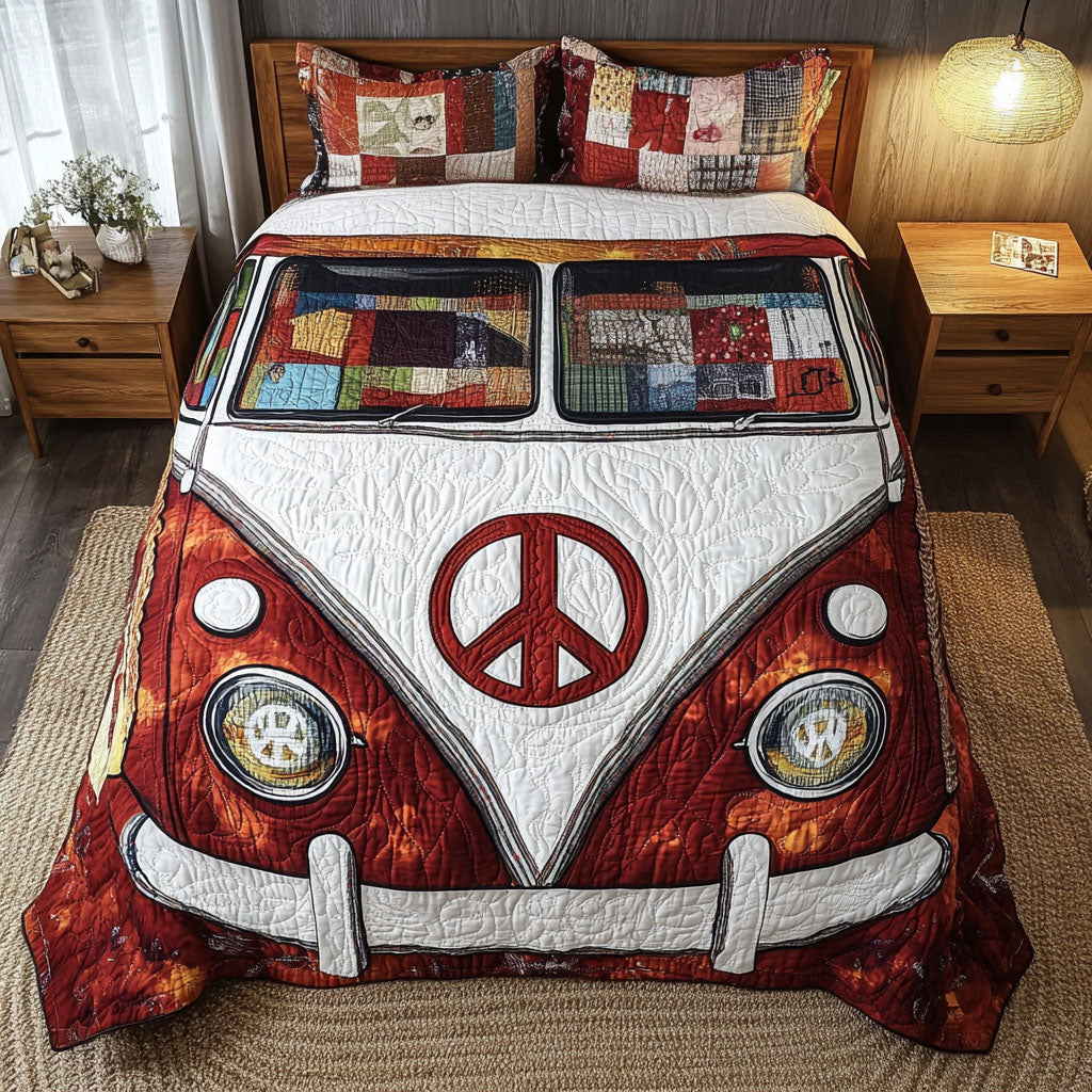 Retro Peace Van Red 3-Piece Quilted Bedding Set