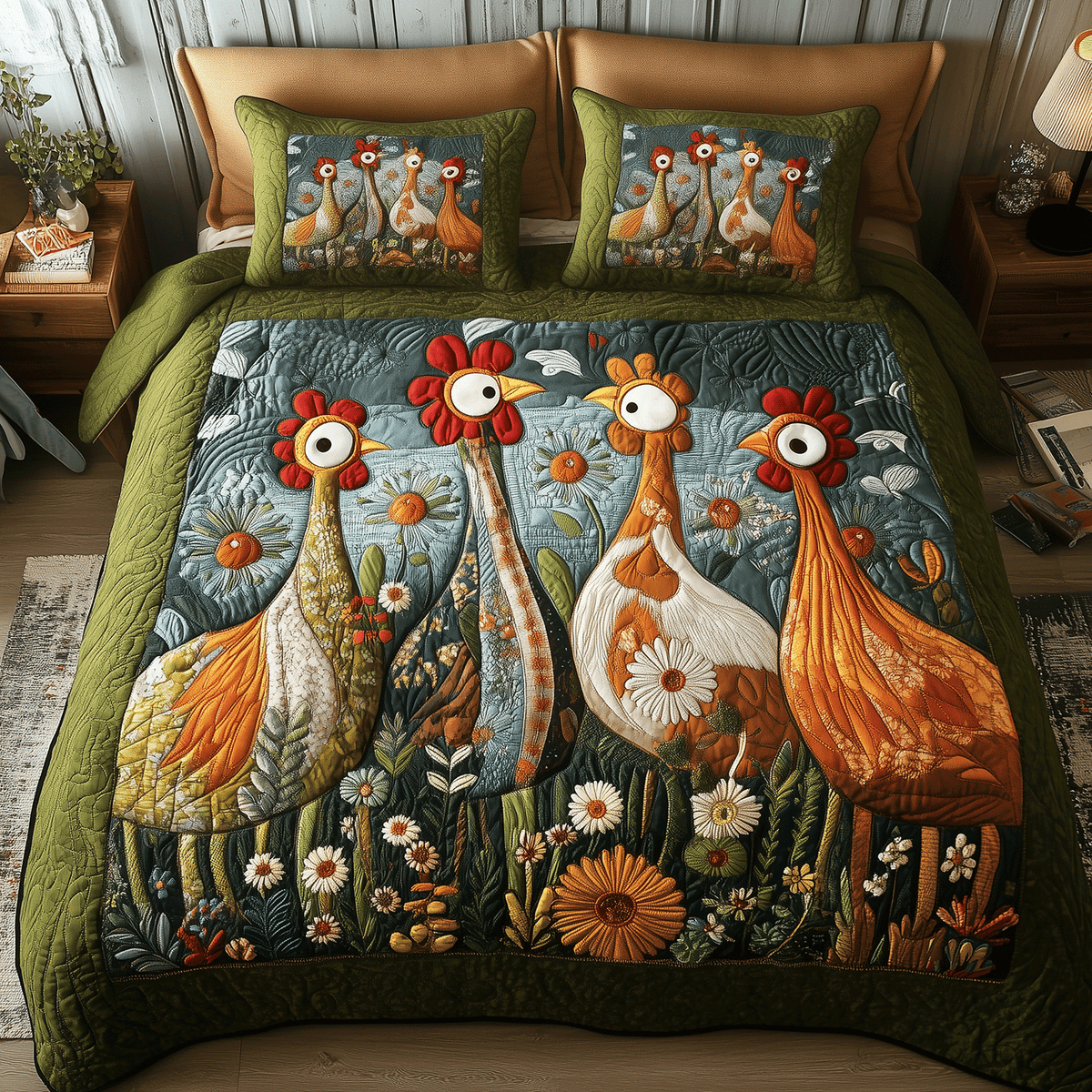 Rooster Garden Retreat 3-Piece Quilted Bedding Set