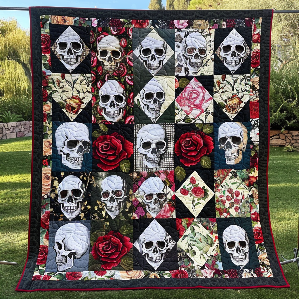 Roses Skulls Quilted Blanket