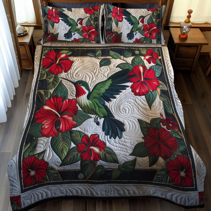 Ruby Hummingbird 3-Piece Quilted Bedding Set
