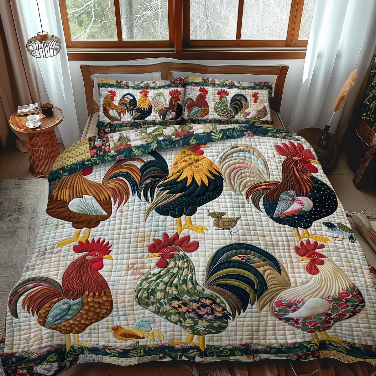 Rural Rooster 3-Piece Quilted Bedding Set