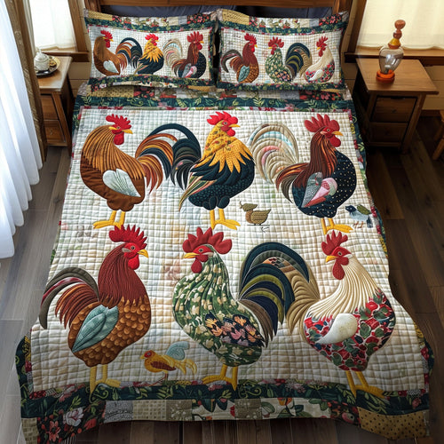 Rural Rooster 3-Piece Quilted Bedding Set