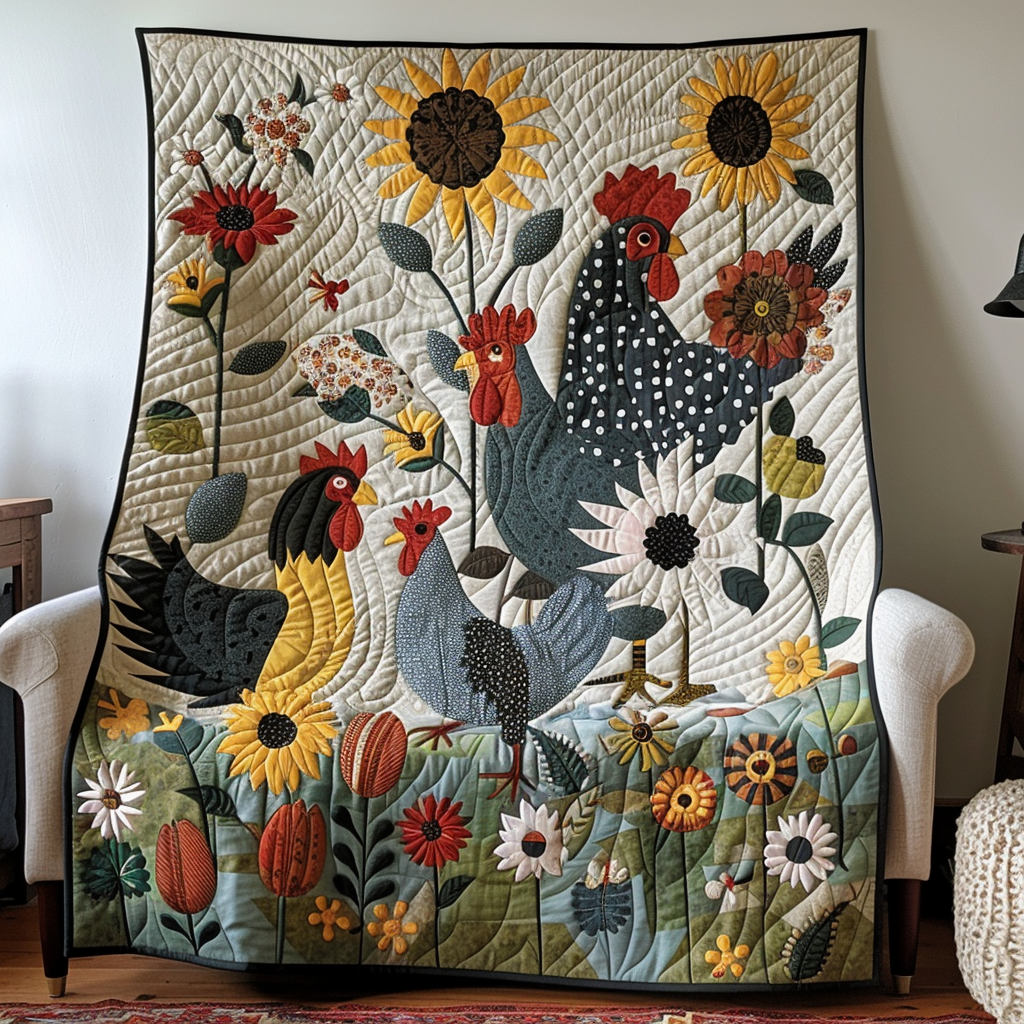 Rustic Chicken Meadow Quilted Blanket