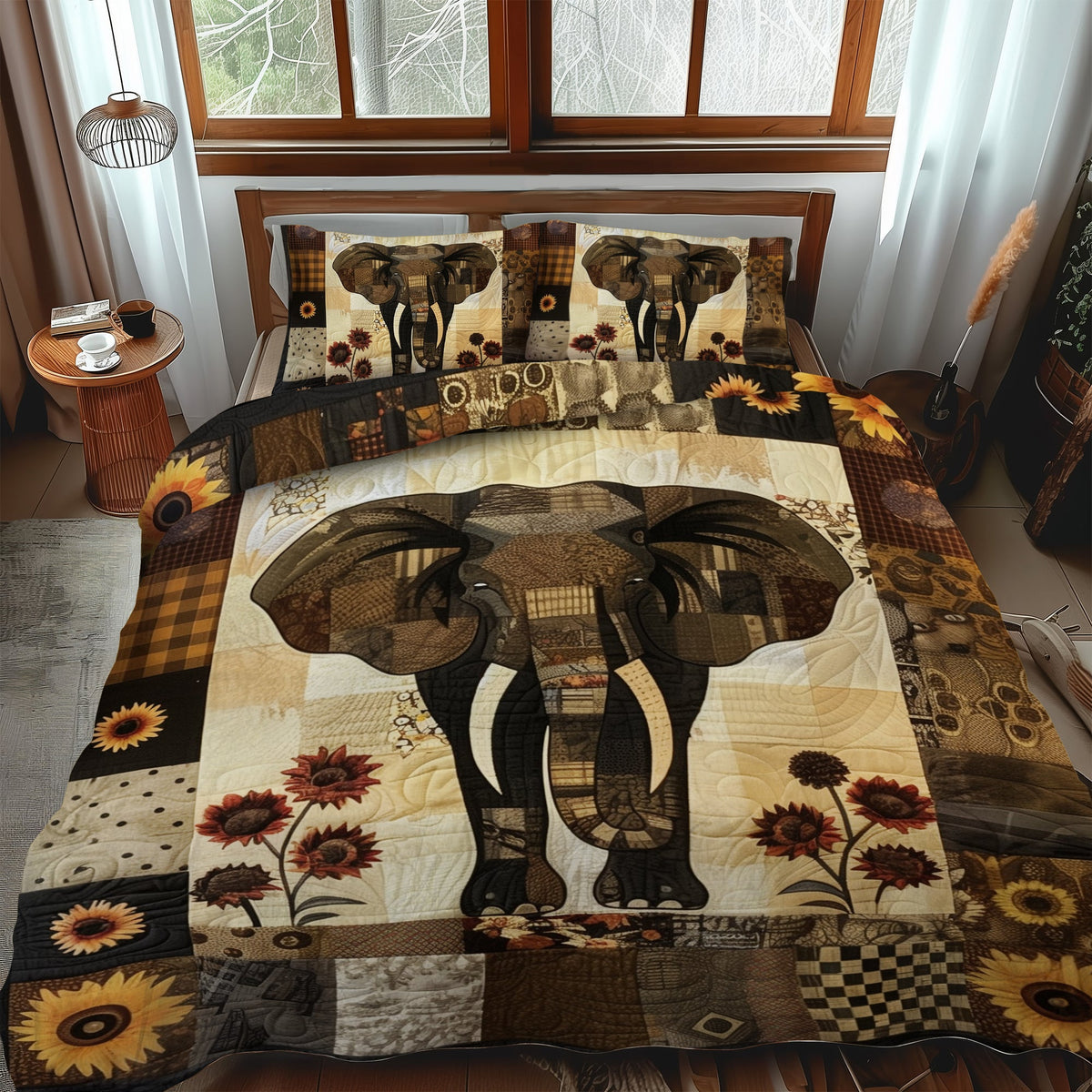 Rustic Sunflower Elephant 3-Piece Quilted Bedding Set