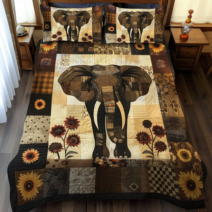 Rustic Sunflower Elephant 3-Piece Quilted Bedding Set