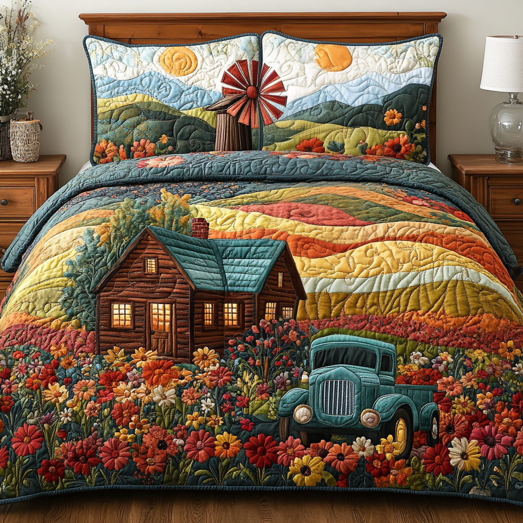Windmill Landscape 3-Piece Quilted Bedding Set