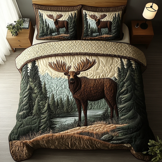 Rustic Moose 3-Piece Quilted Bedding Set