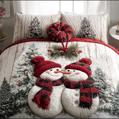Rustic Snowman Couple 3-Piece Quilted Bedding Set
