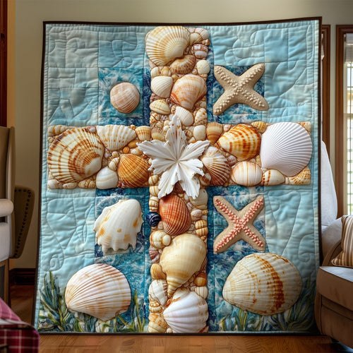 Sacred Seashells Cross Quilted Blanket