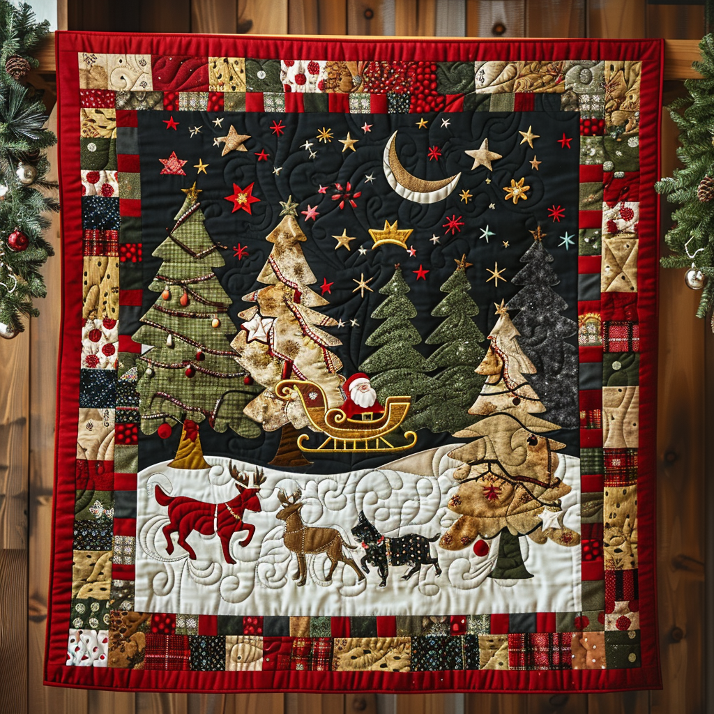 Santa's Night Sleigh Ride Quilted Blanket