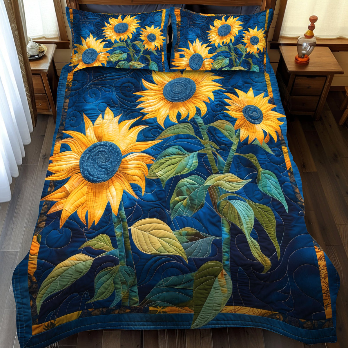 Sapphire Sunflower 3-Piece Quilted Bedding Set