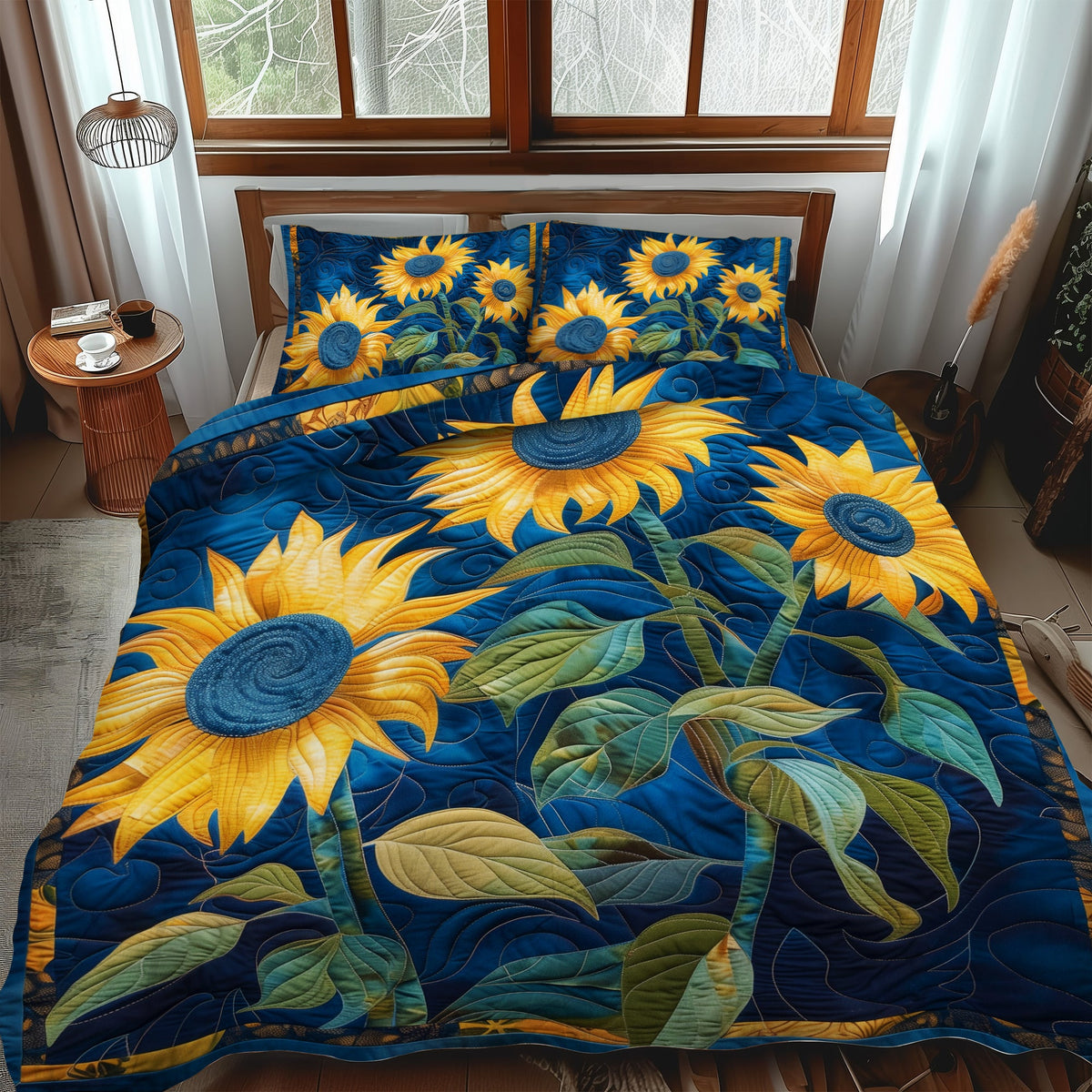Sapphire Sunflower 3-Piece Quilted Bedding Set
