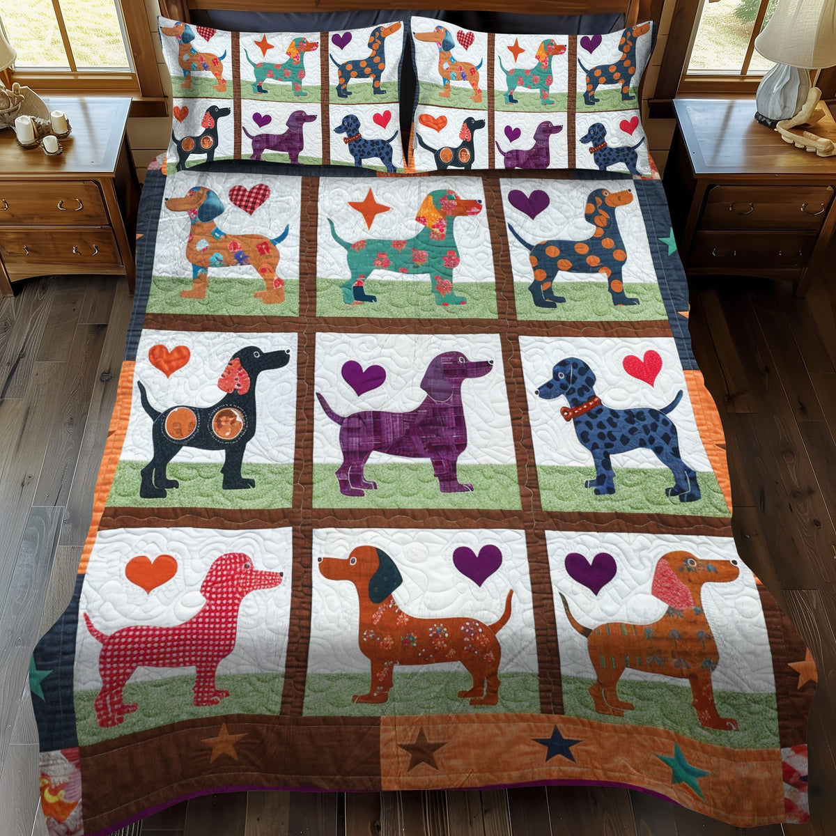 Sausage Dog Symphony 3-Piece Quilted Bedding Set