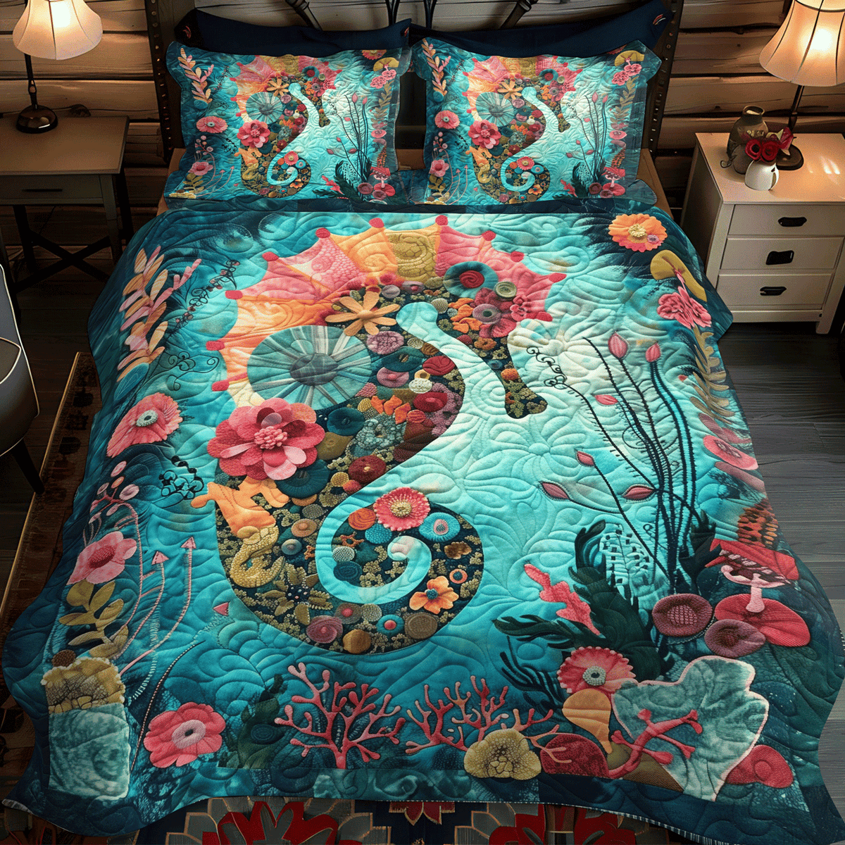 Seahorse in Bloom 3-Piece Quilted Bedding Set