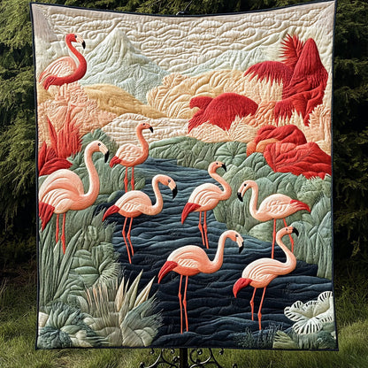 Serene Flamingo Garden Quilted Blanket