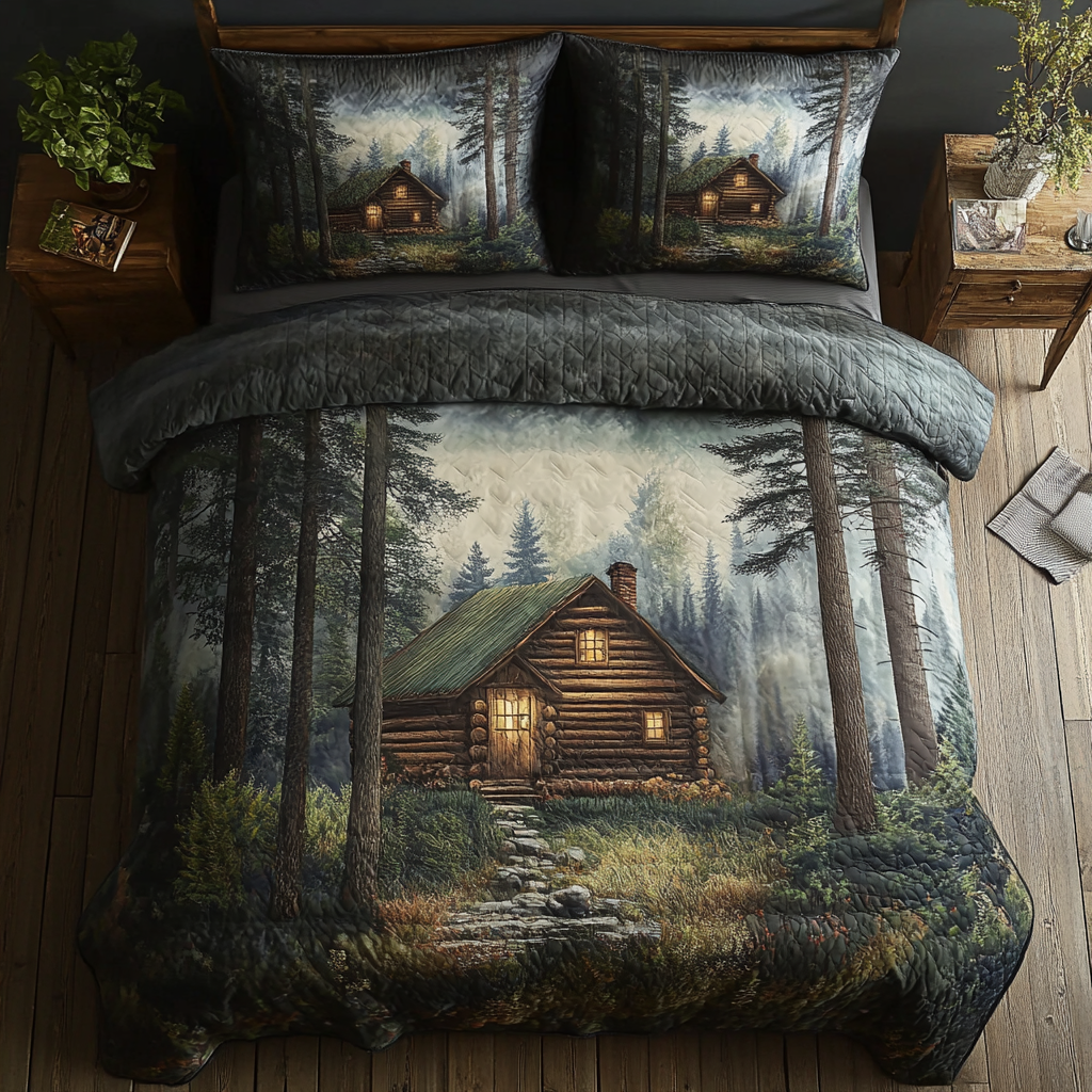 Serene Log Cabin 3-Piece Quilted Bedding Set