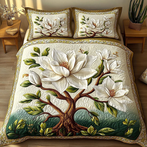 Serene Magnolia Bloom 3-Piece Quilted Bedding Set