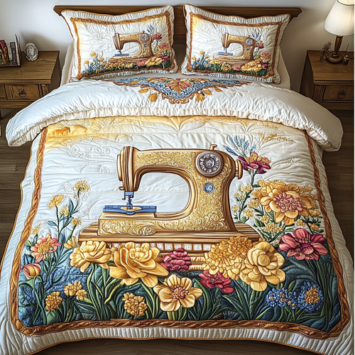 Sewing Machine Elegance 3-Piece Quilted Bedding Set