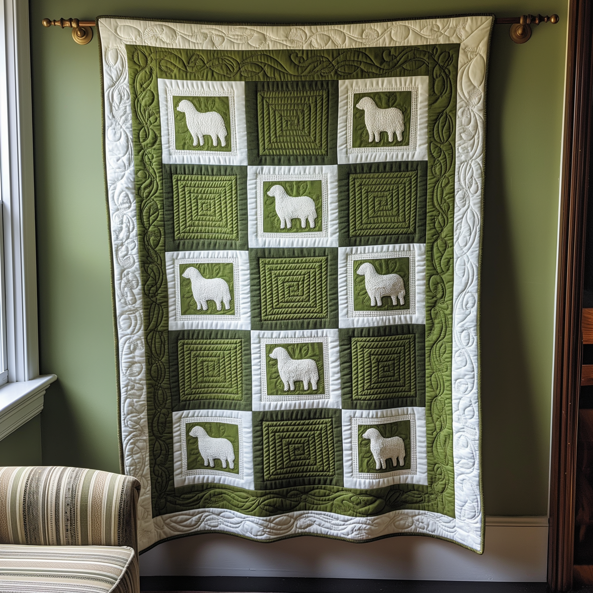 Sheep In Spring Meadow Quilted Blanket