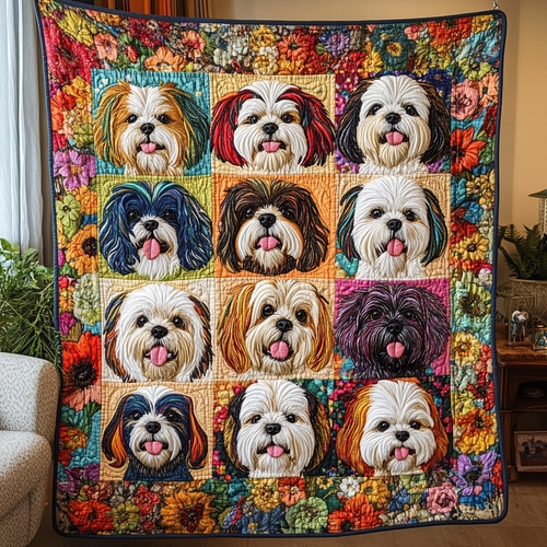 Shih Tzu Garden Quilted Blanket