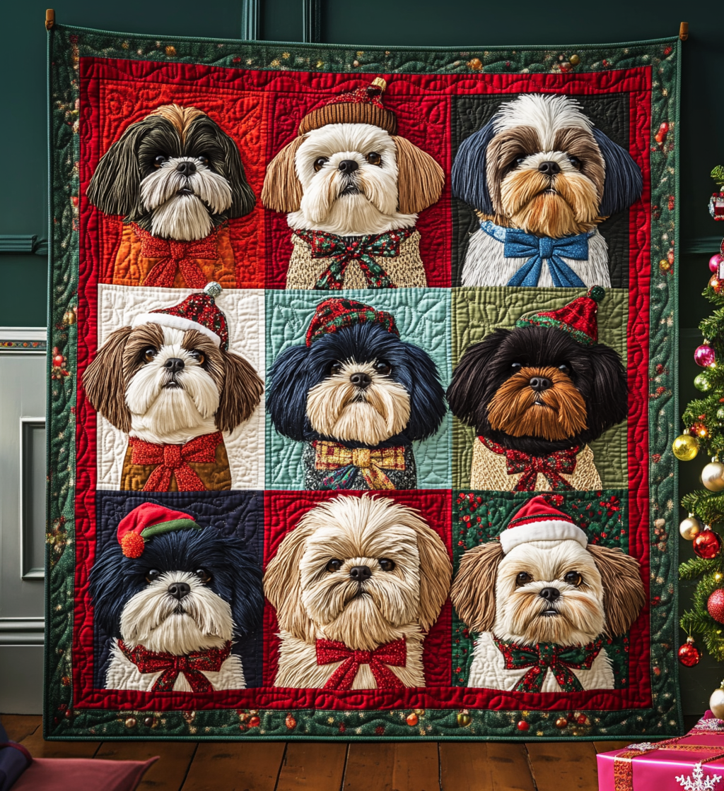 Shih Tzu Christmas Joy Quilted Blanket