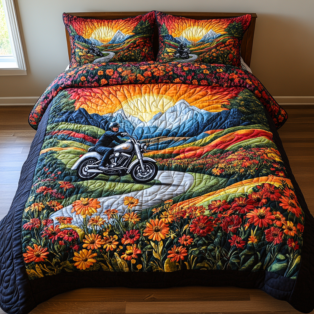 Silver Motorcycle Adventure 3-Piece Quilted Bedding Set