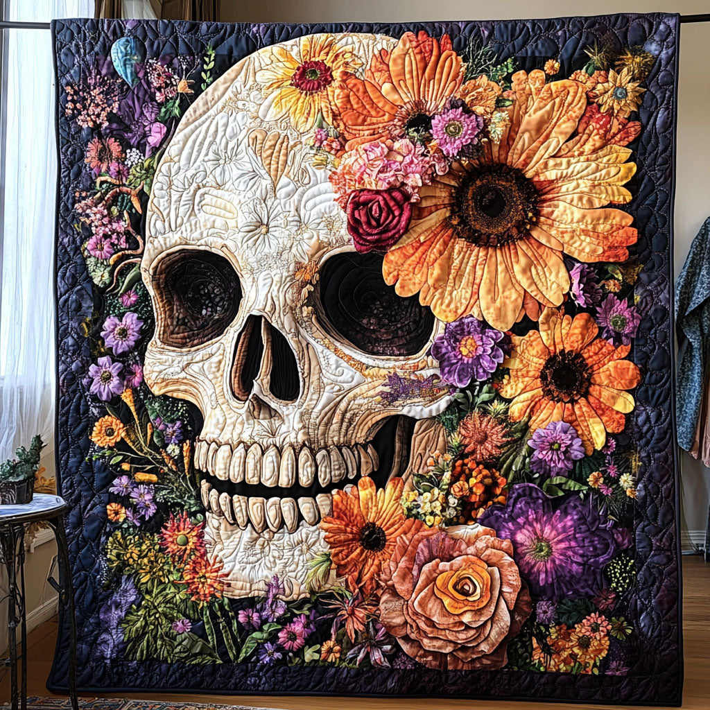 Skeleton Flowers Quilted Blanket