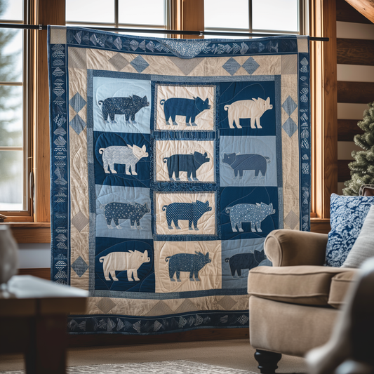 Sky and Snow Pig Quilted Blanket
