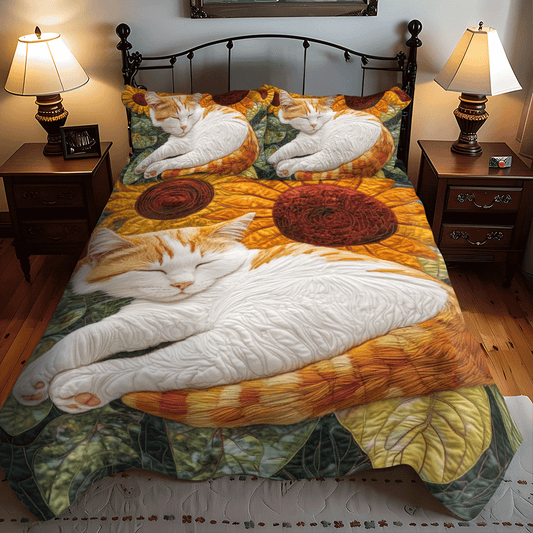 Sleeping Cat Sunflower 3-Piece Quilted Bedding Set