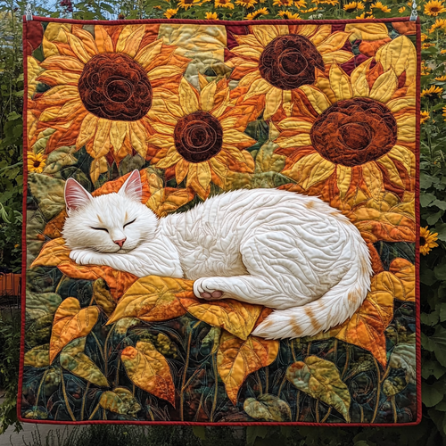 Sleeping Cat Sunflower Quilted Blanket