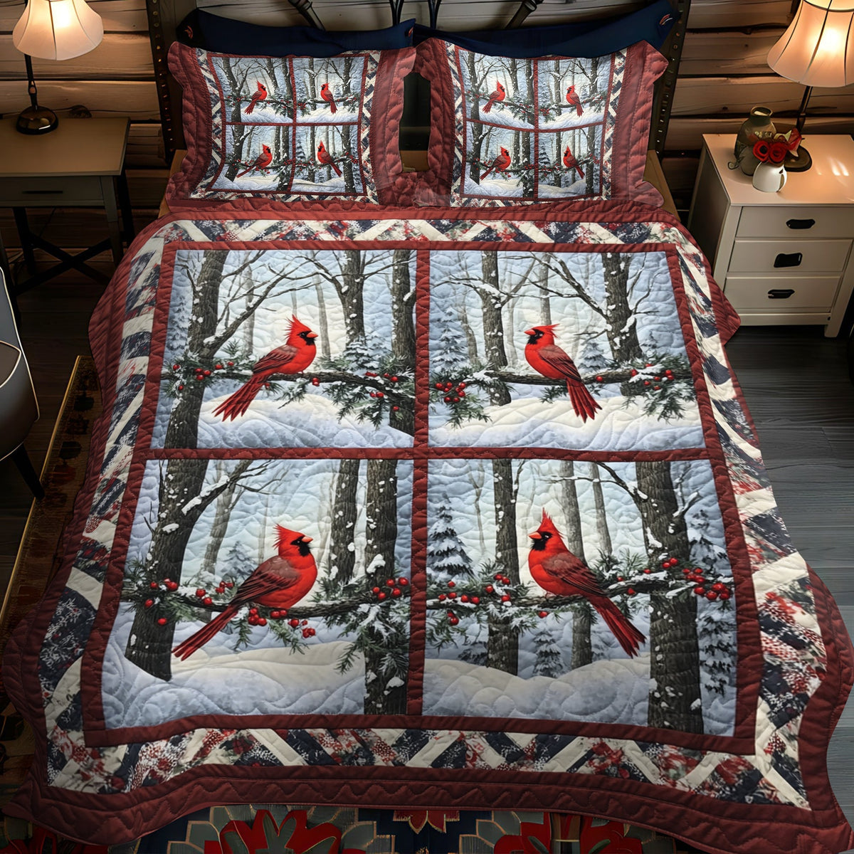 Snowy Cardinal Dreams Quilted Bedding Set